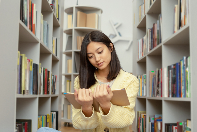 通路で本を読む女性