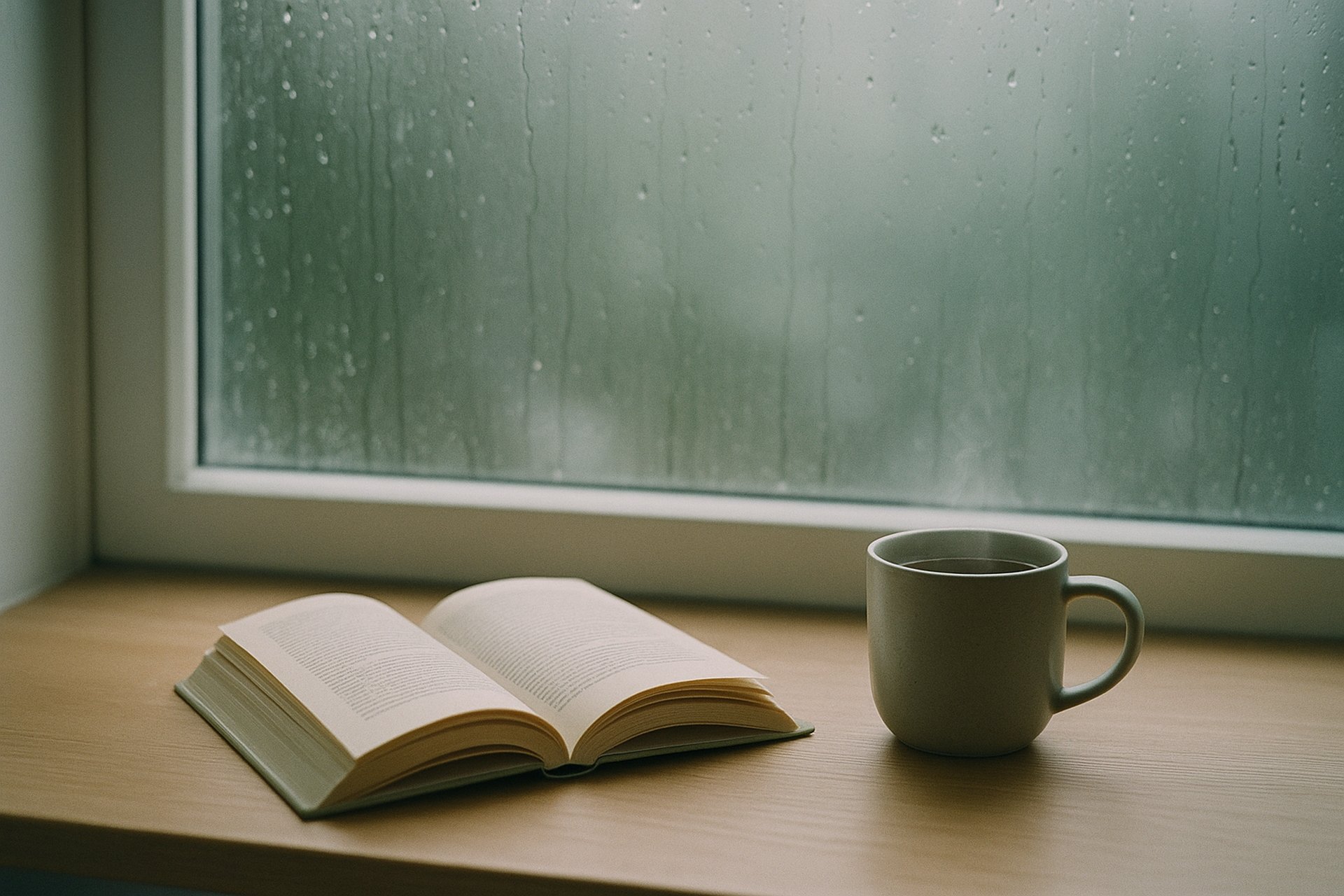 雨の降る窓辺の机に置かれた、開いた本とマグカップ