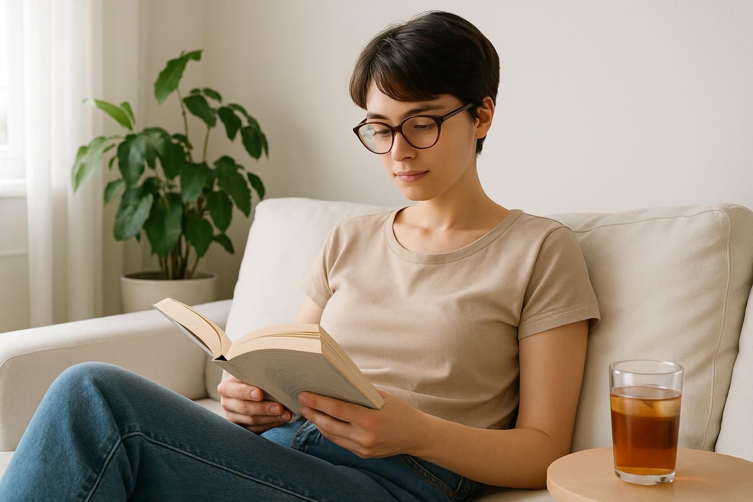明るいリビングのソファで本を読む女性