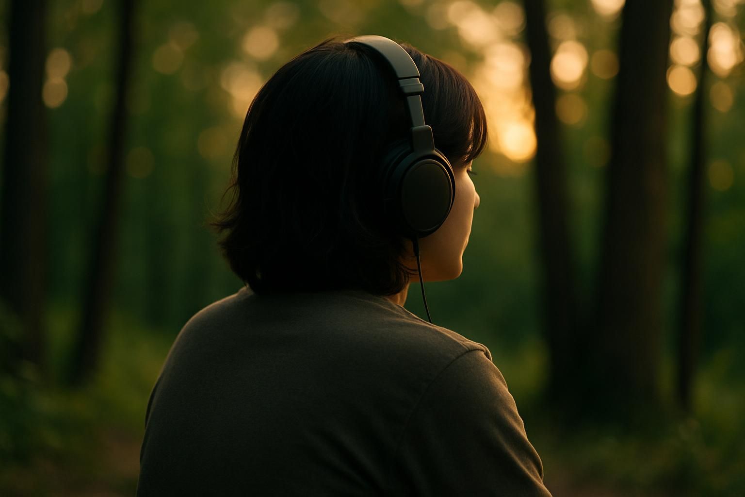 木々の中でヘッドホンをつけて聴き入る人