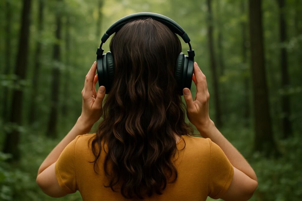 森の中でヘッドホンをつけて音声を聴く女性の後ろ姿