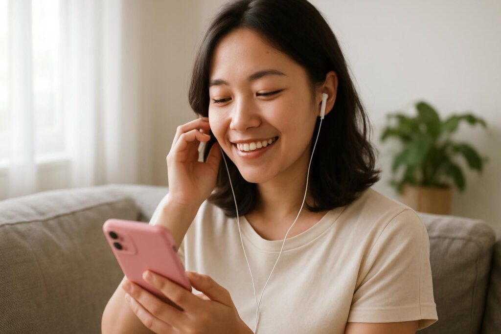 イヤホンをつけてスマートフォンで音声を聴く女性