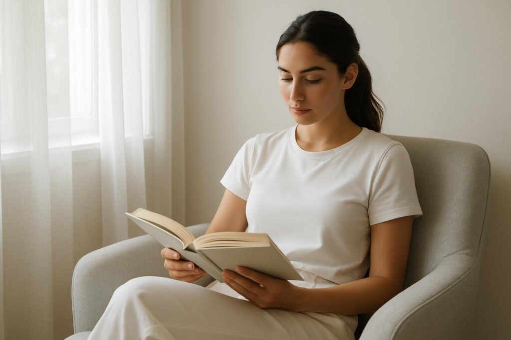 窓辺の椅子で本を読む女性