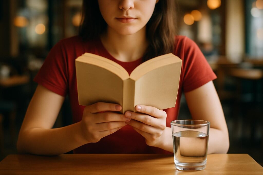 カフェのテーブルで本を手に持つ女性