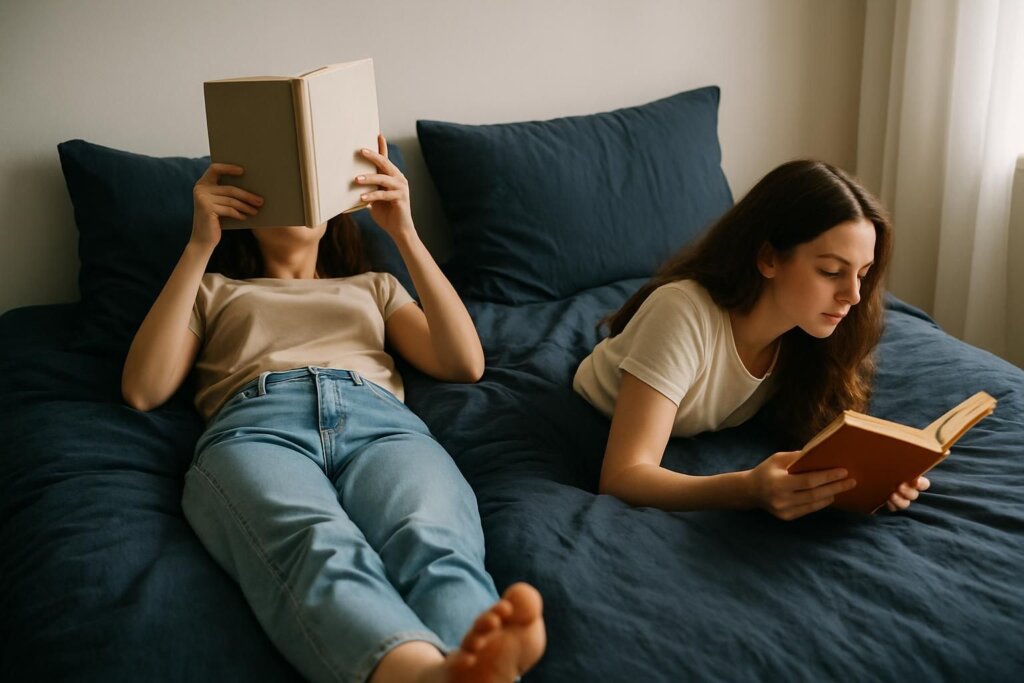 ベッドでくつろぎながら本を読む二人の女性
