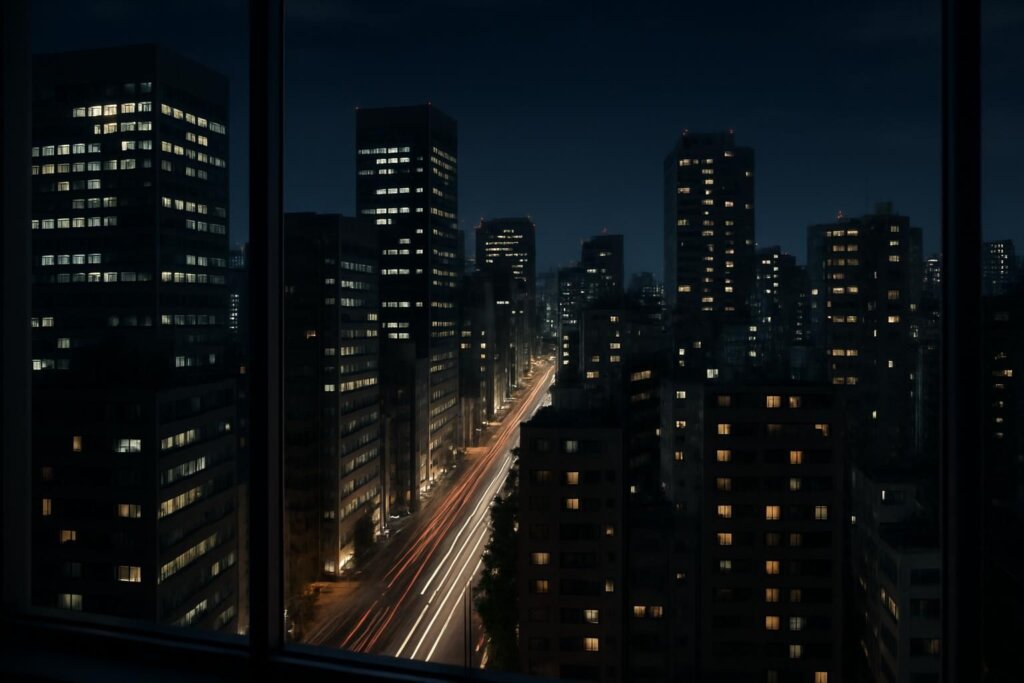 夜の高層ビル街