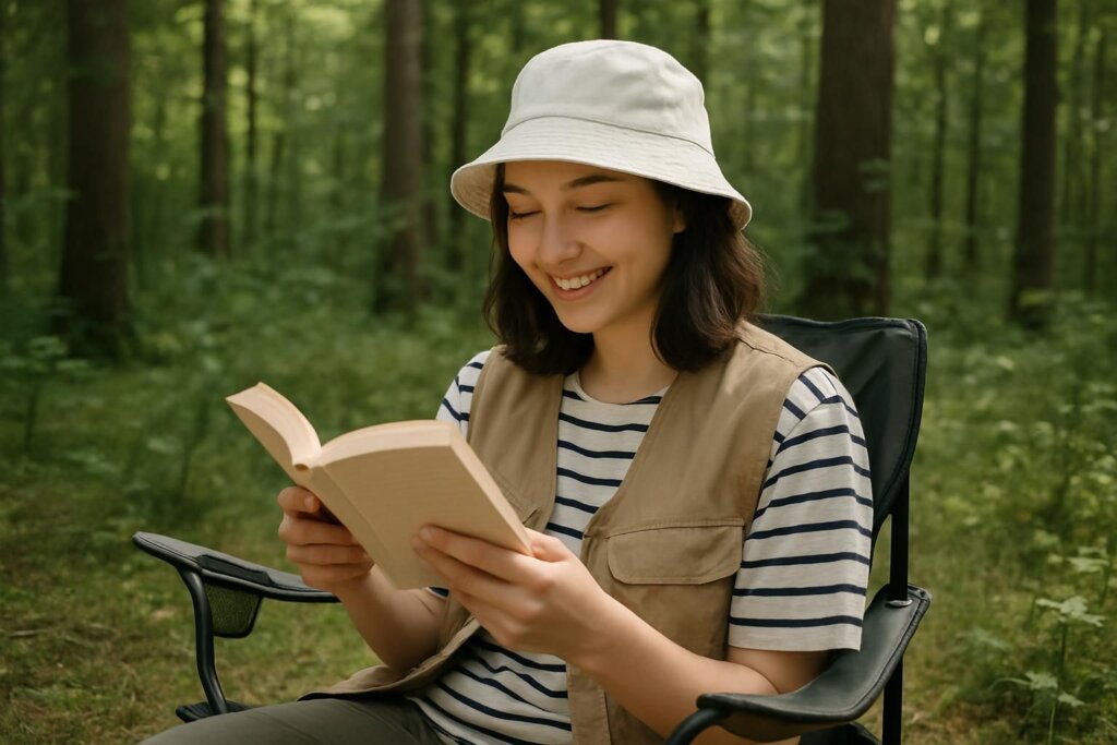 森のキャンプチェアで文庫本を読む女性