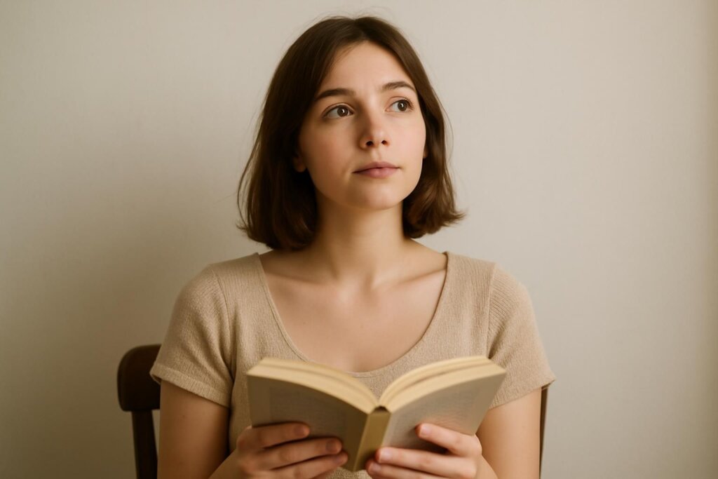本を手に考えごとをする女性