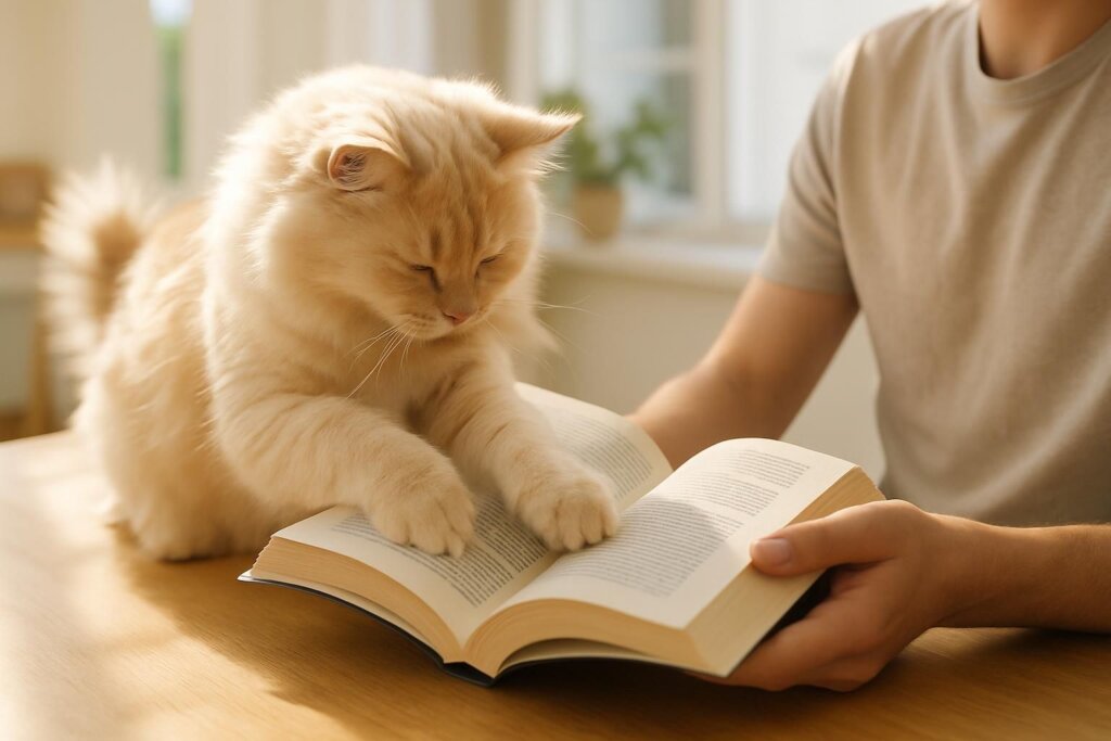 手に持った本にじゃれる猫