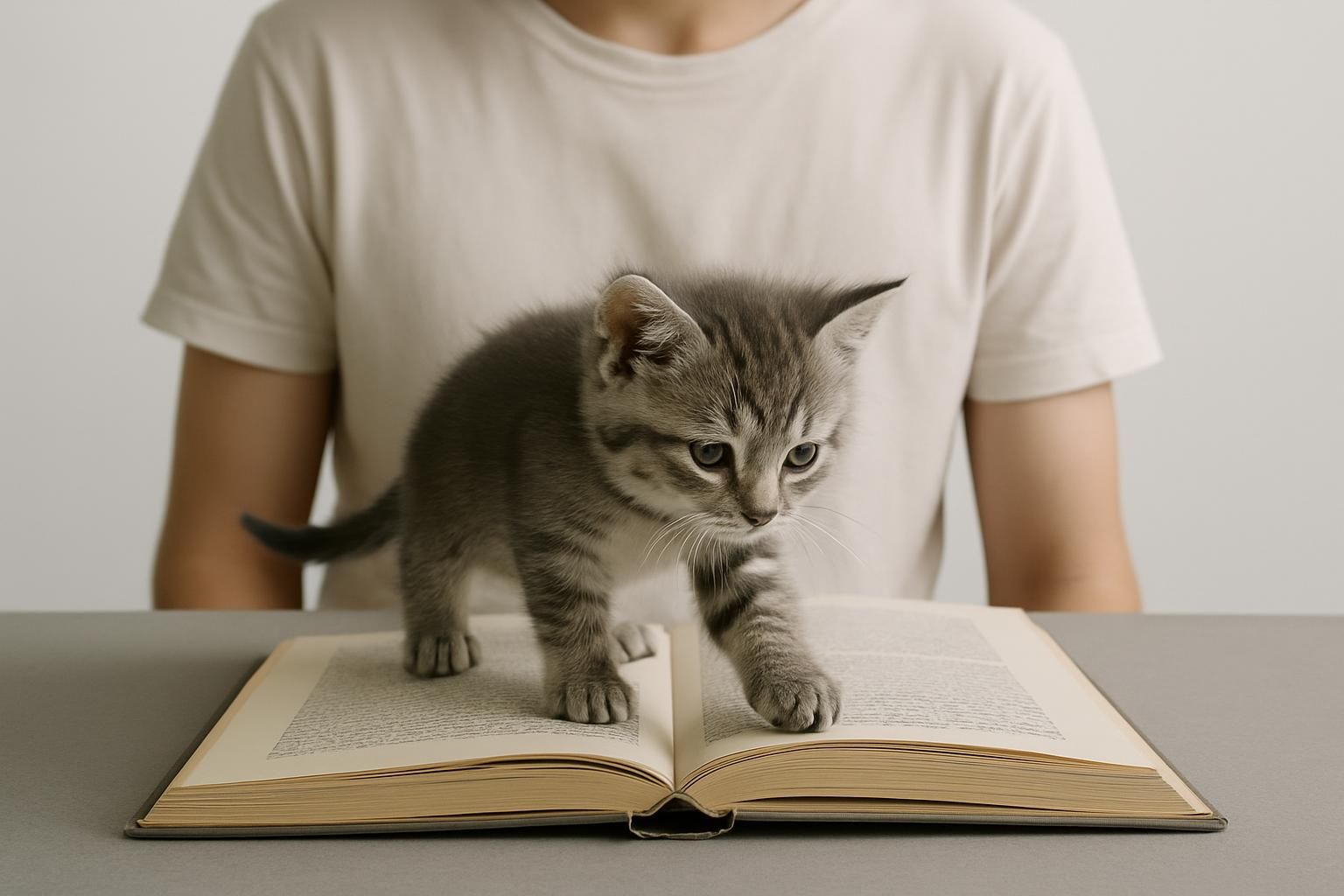 開いた本の上に乗る子猫