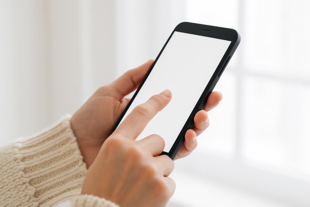 スマートフォンの画面を指で操作する手元