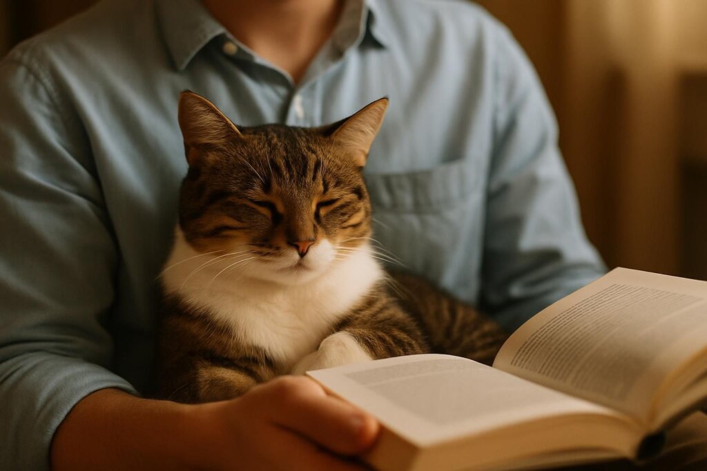 本を読む人の腕の中でくつろぐ猫