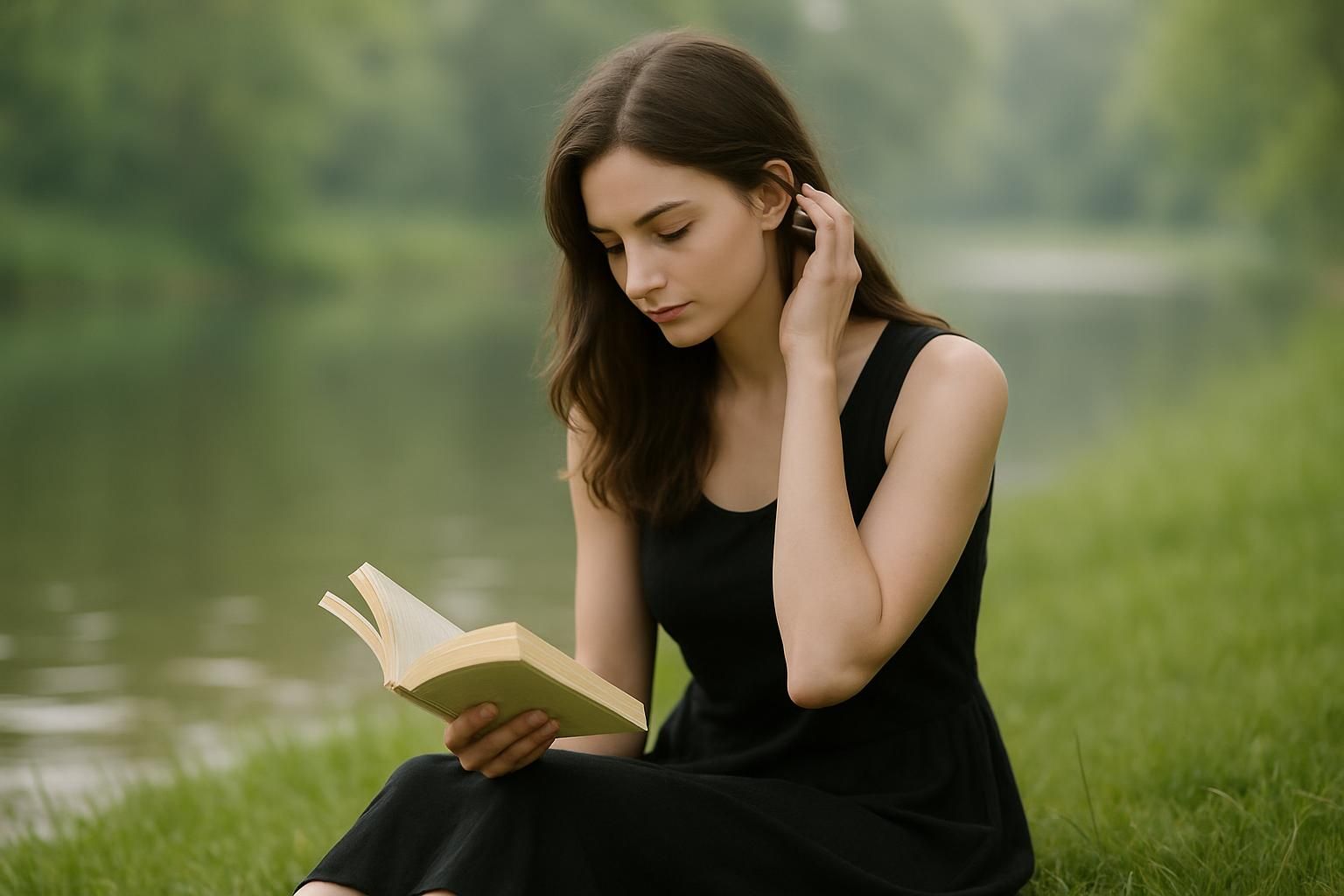 芝生に座って本を読む女性