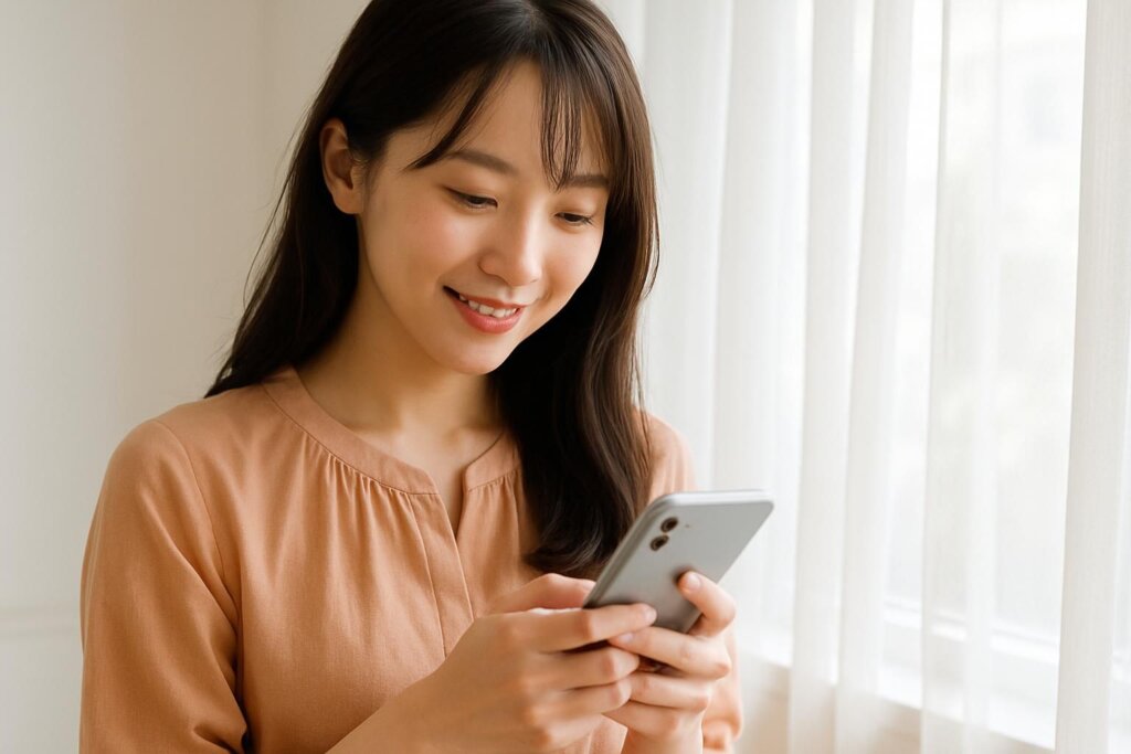 窓辺でスマートフォンを見て微笑む女性