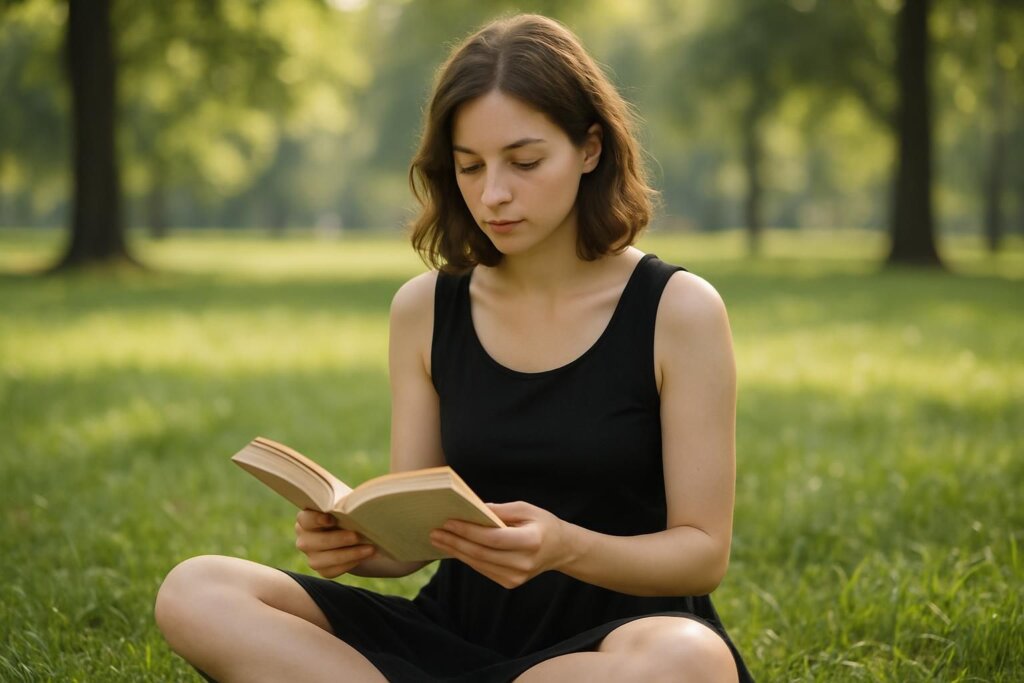 公園の芝生に座って本を読む女性