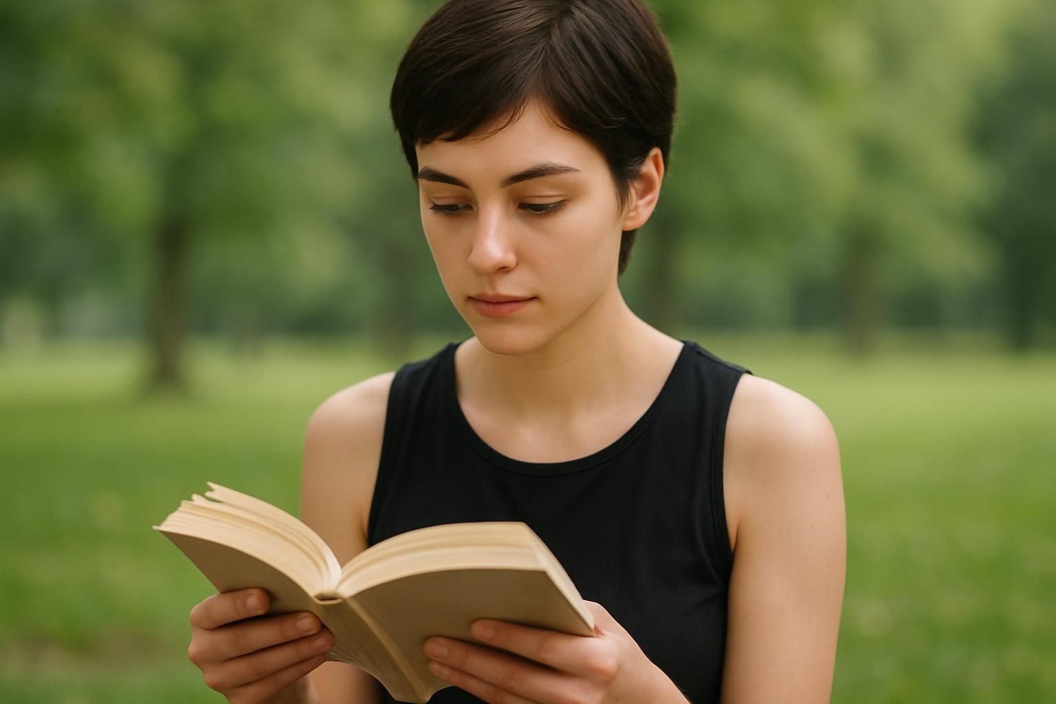 屋外で本を読む女性