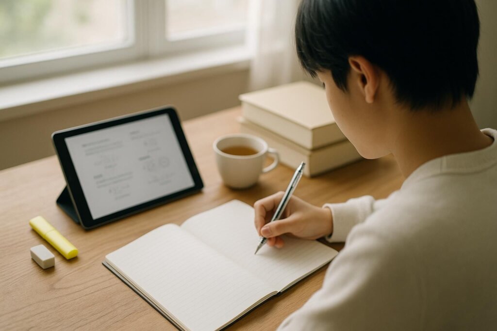 タブレットで参考書を開き、ノートに書き込みながら勉強する学生の手元