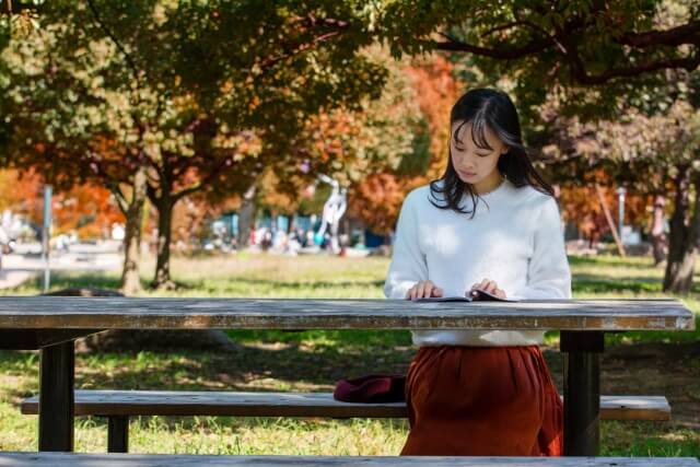 秋の公園のベンチで本を読む女性