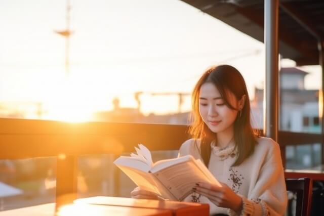 夕日がきれいなカフェテラス　読書　女性