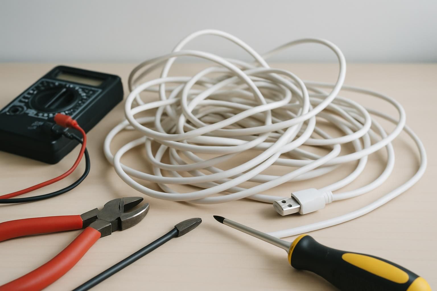 絡まったケーブルと工具が置かれたデスクの一角