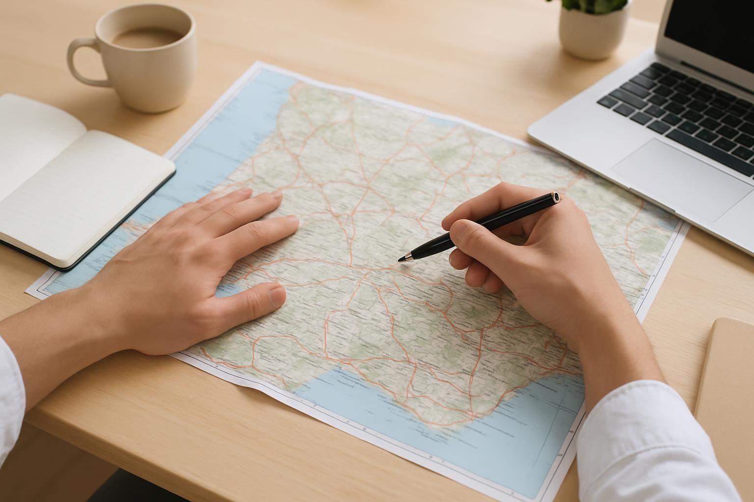 整理整頓された机の上で地図を見ながら道筋を確認する手元