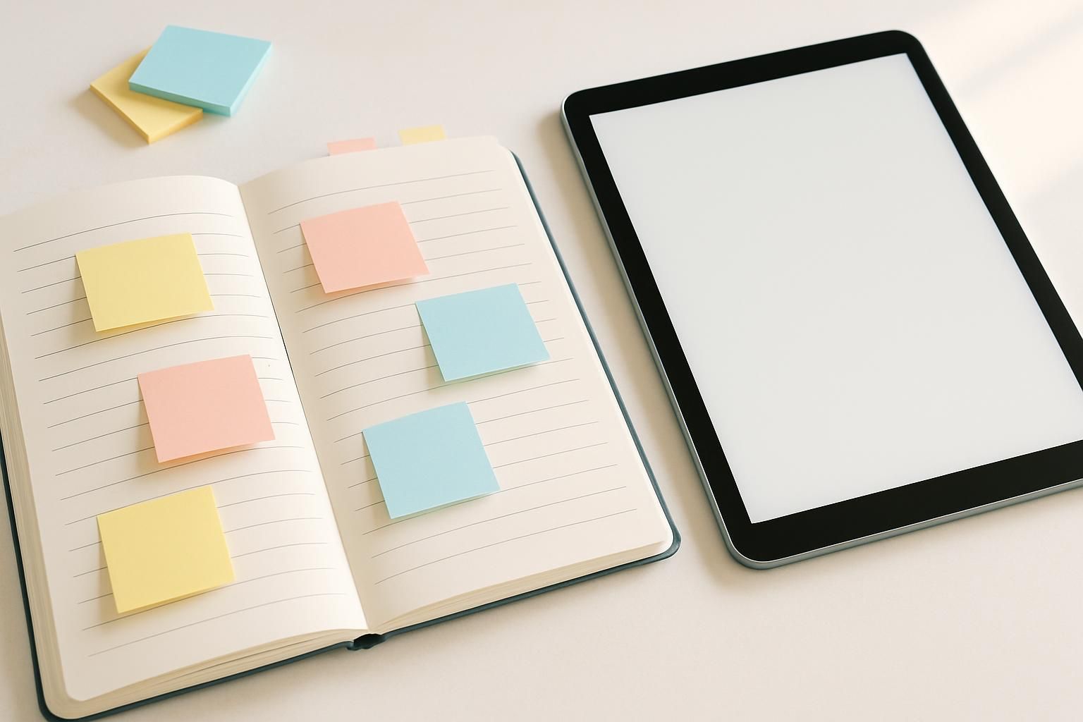 付箋で要点が整理された開いたノートと、その横に置かれたタブレット