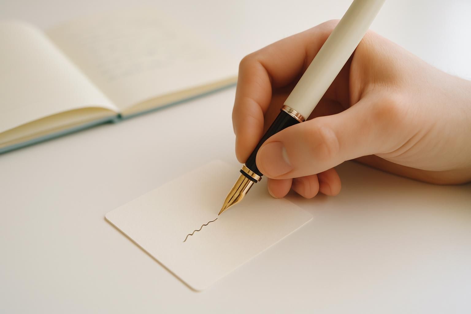 万年筆で短いメモを書き添えている手元