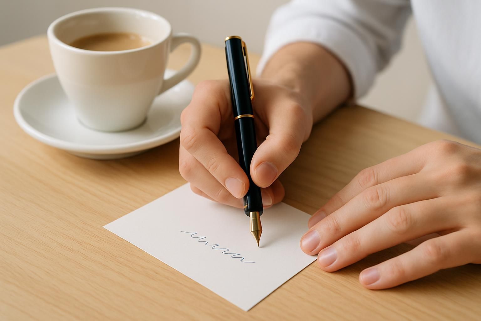万年筆で短い言葉を書き添える手元