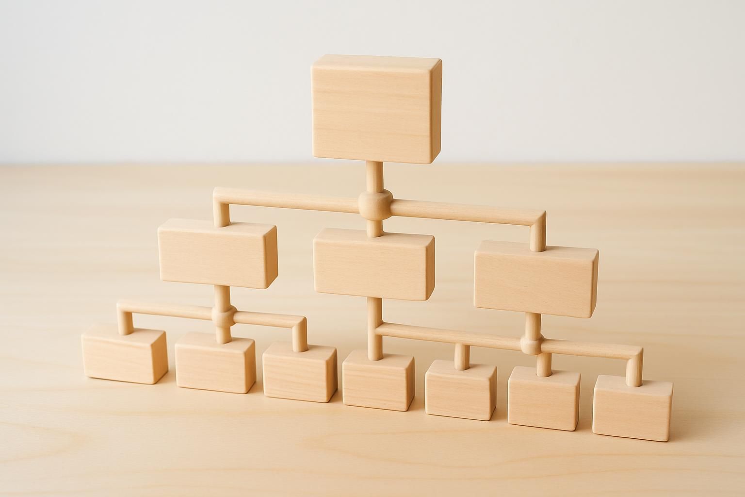 中心から枝分かれする木製ブロックの階層図