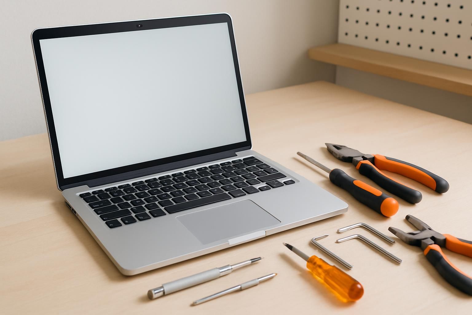 ノートパソコンと小さな工具が置かれた作業机
