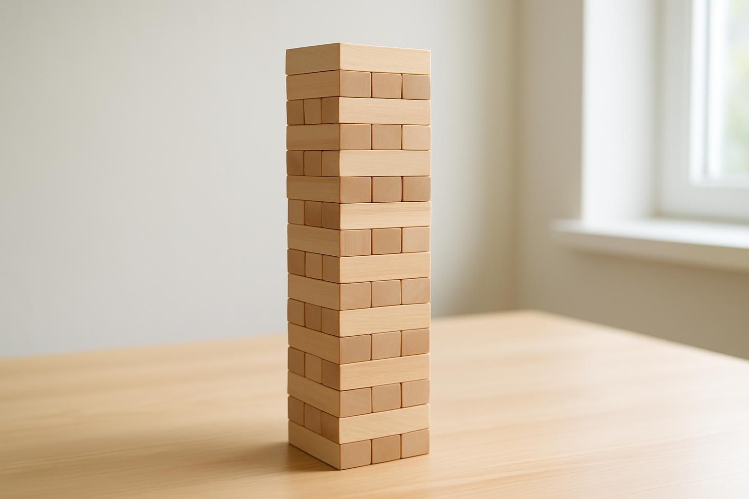 木製のブロックが高く積み上げられた明るい机