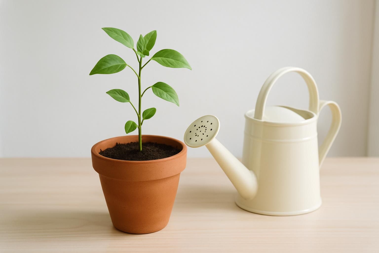 植木鉢の若い苗と水やり用のじょうろが置かれた机