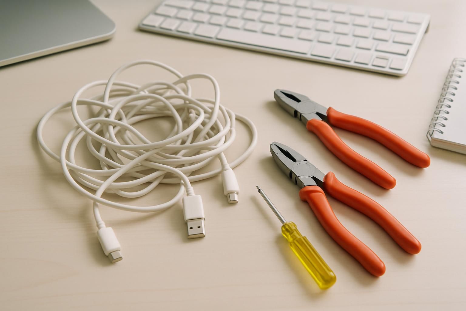絡まったケーブルと工具が置かれたデスクの一角