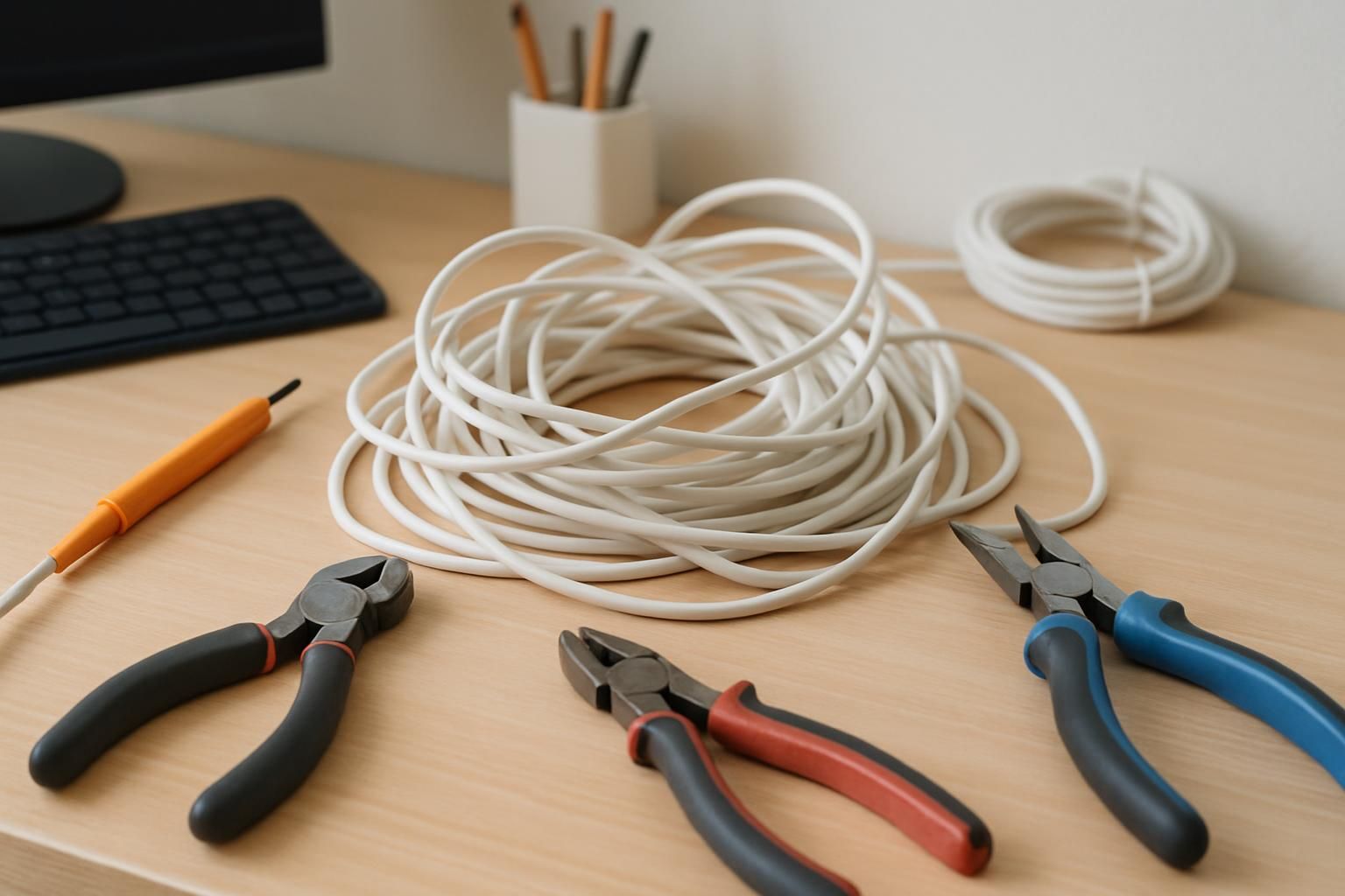 絡まったケーブルと工具が置かれたデスクの一角