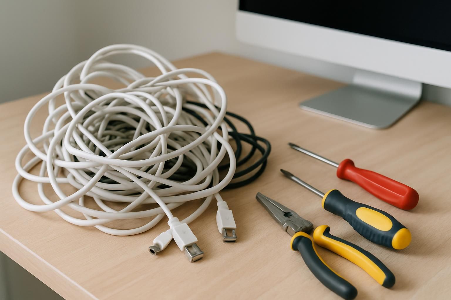 絡まったケーブルと工具が置かれたデスクの一角