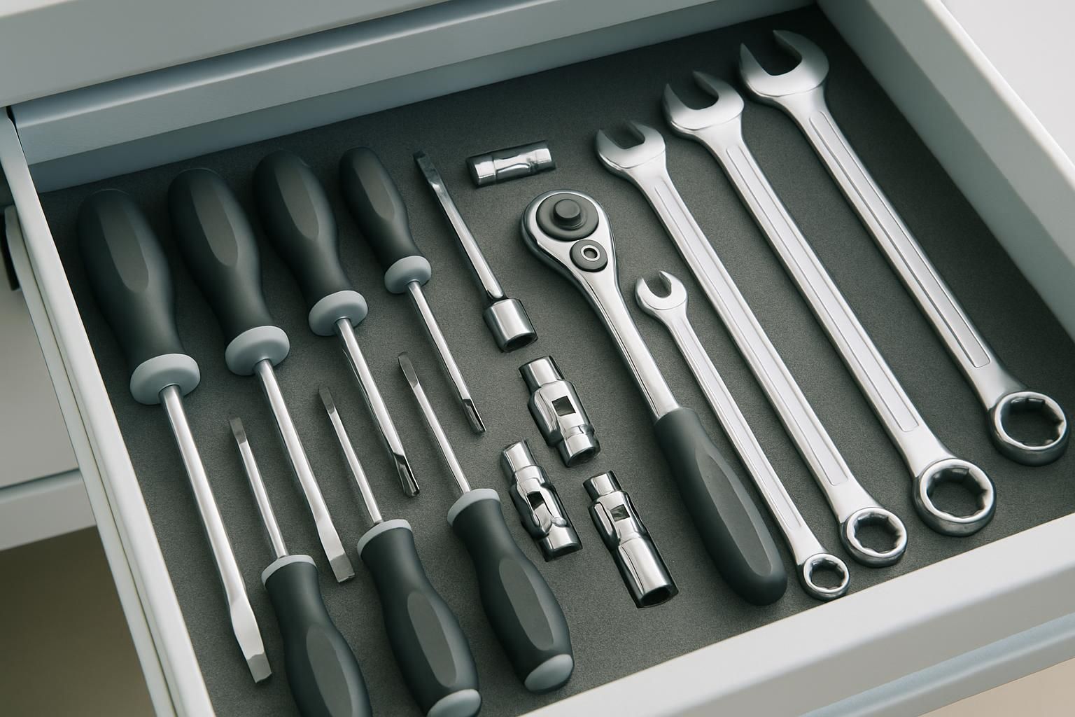 整理された工具箱に並ぶドライバーやレンチ