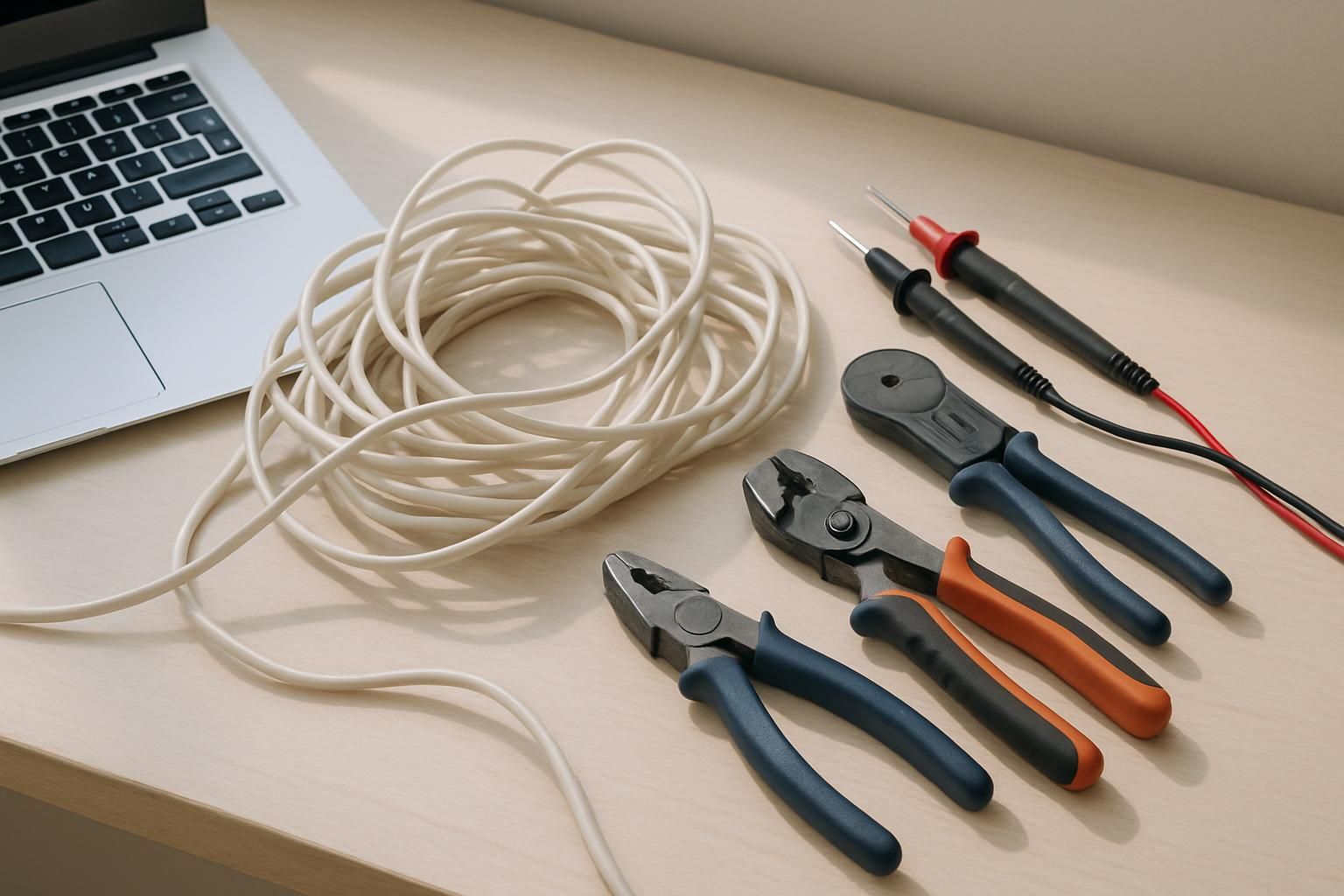 絡まったケーブルと工具が置かれたデスクの一角
