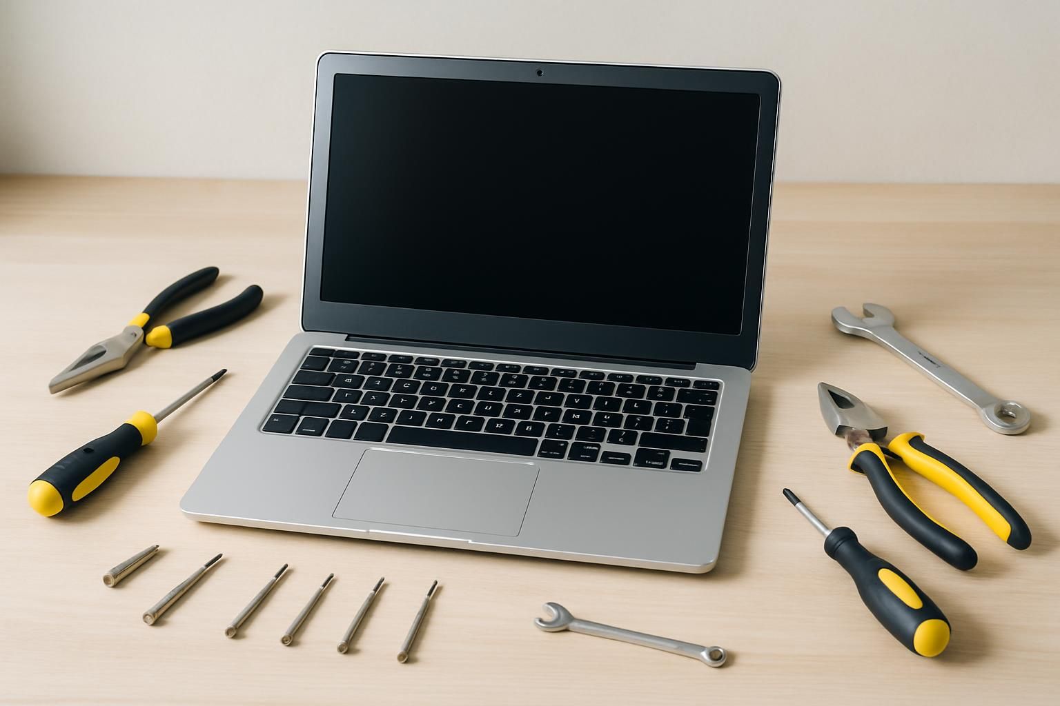 ノートパソコンと小さな工具が置かれた作業机
