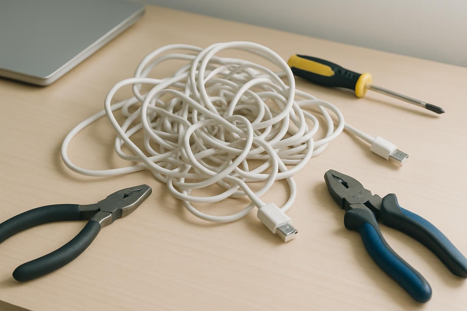 絡まったケーブルと工具が置かれたデスクの一角