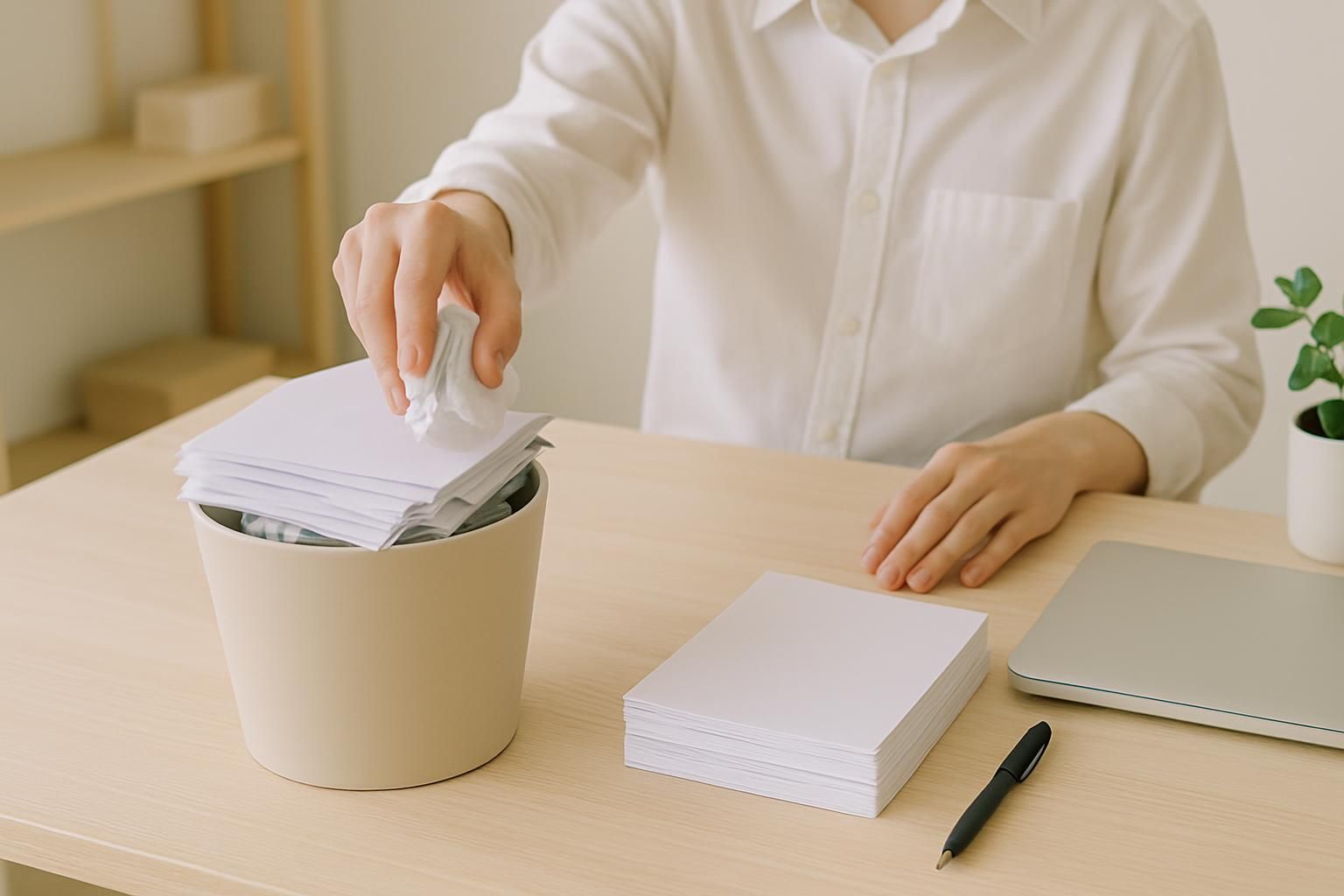 不要なものを選り分ける手元と整理された机