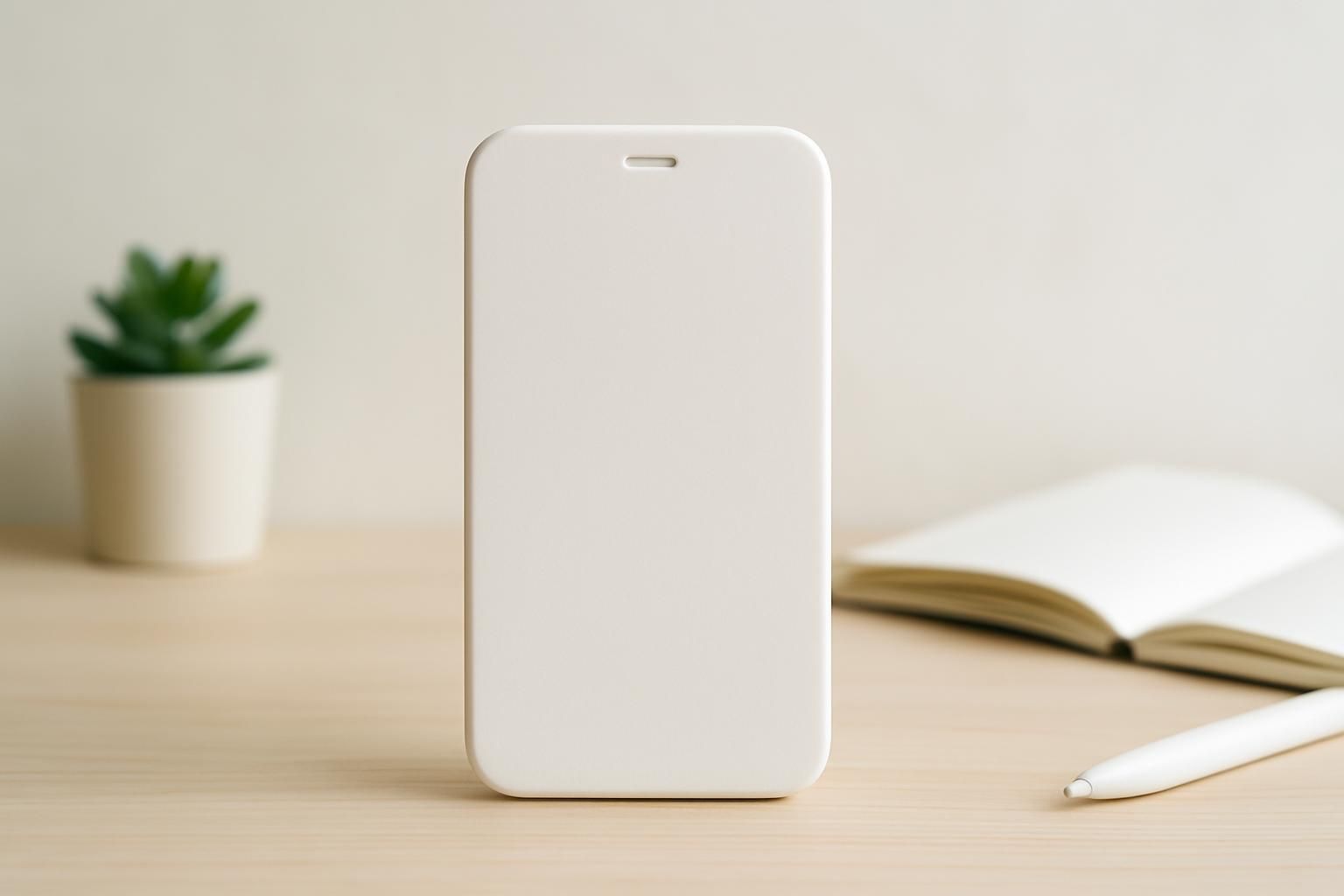 スマートフォンの形をした白いオブジェが中心に置かれた様子
