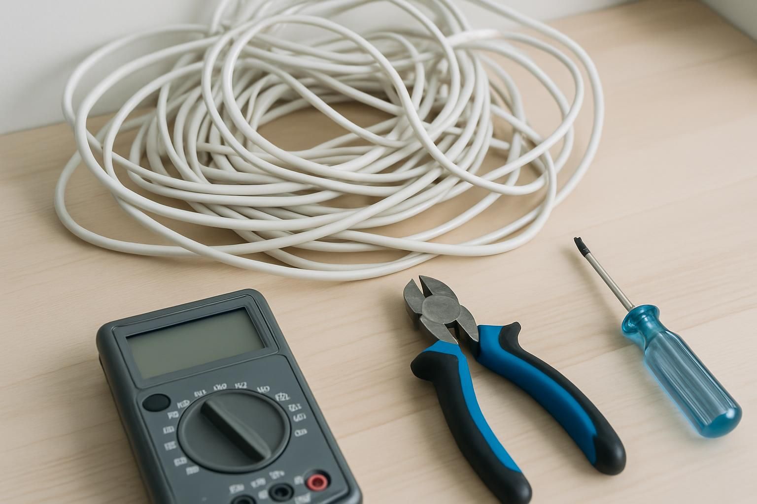 絡まったケーブルと工具が置かれたデスクの一角