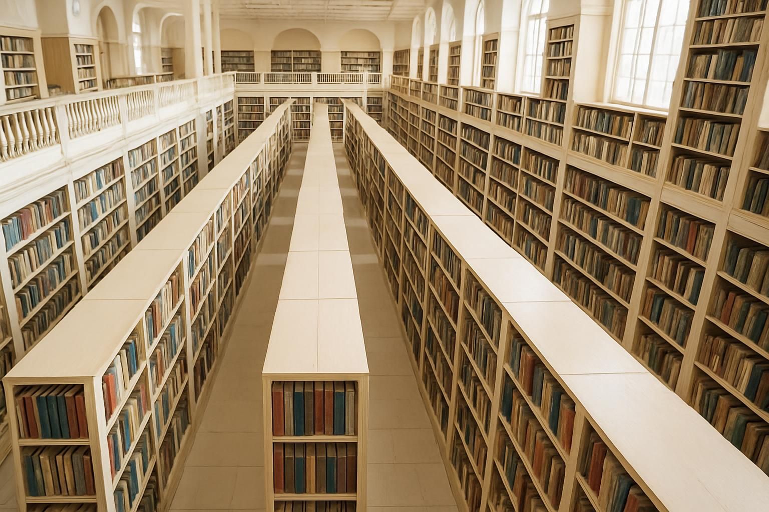 巨大な図書館の整然と並ぶ書架の俯瞰