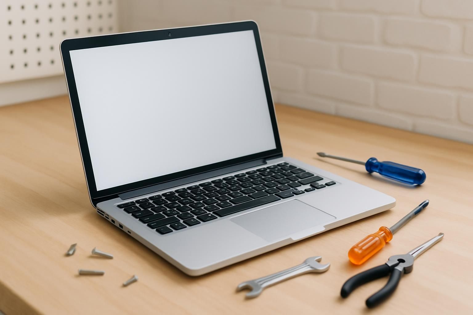 ノートパソコンと小さな工具が置かれた作業机