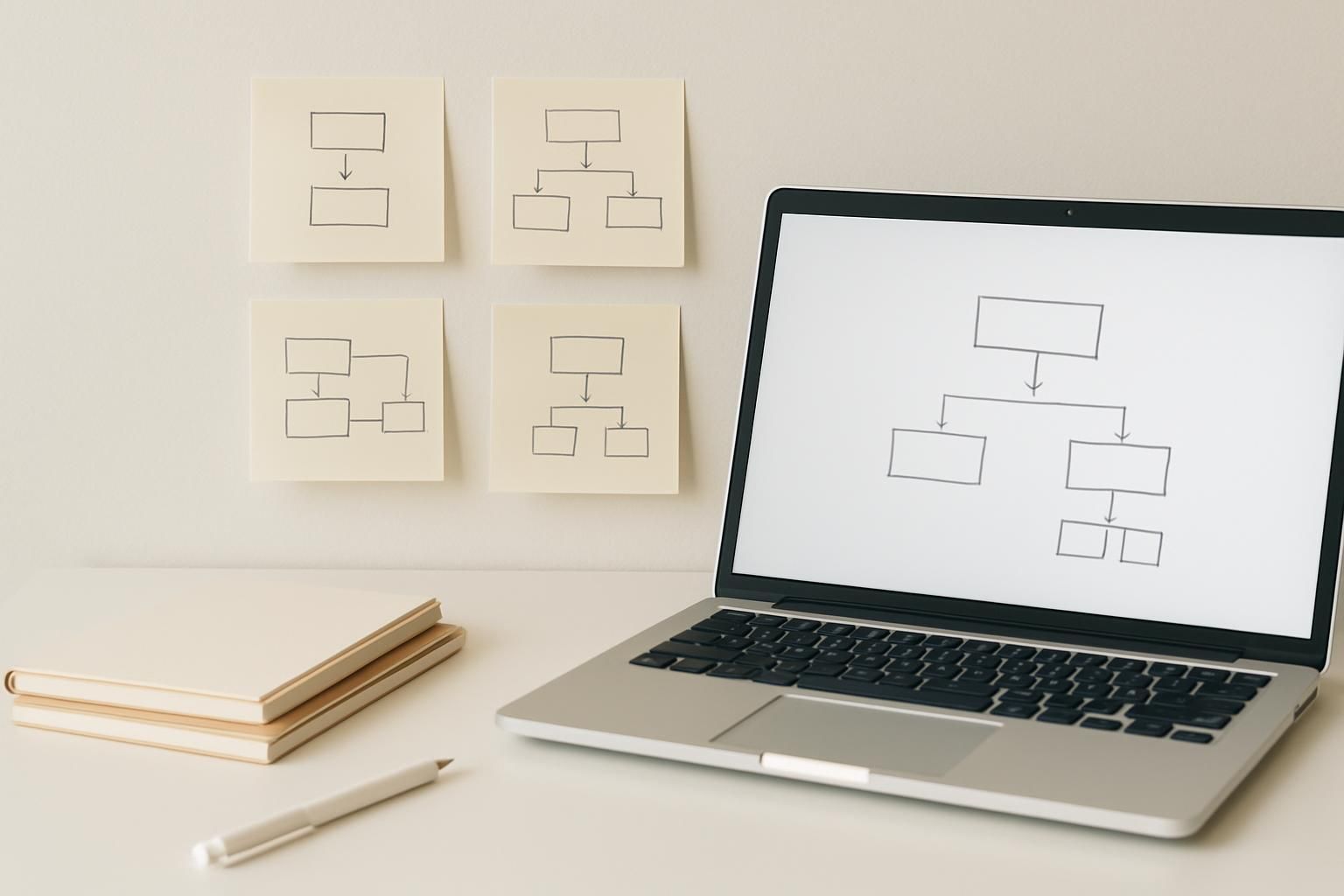 ノートパソコンと構造図を思わせる白い付箋が並んだ明るい作業机