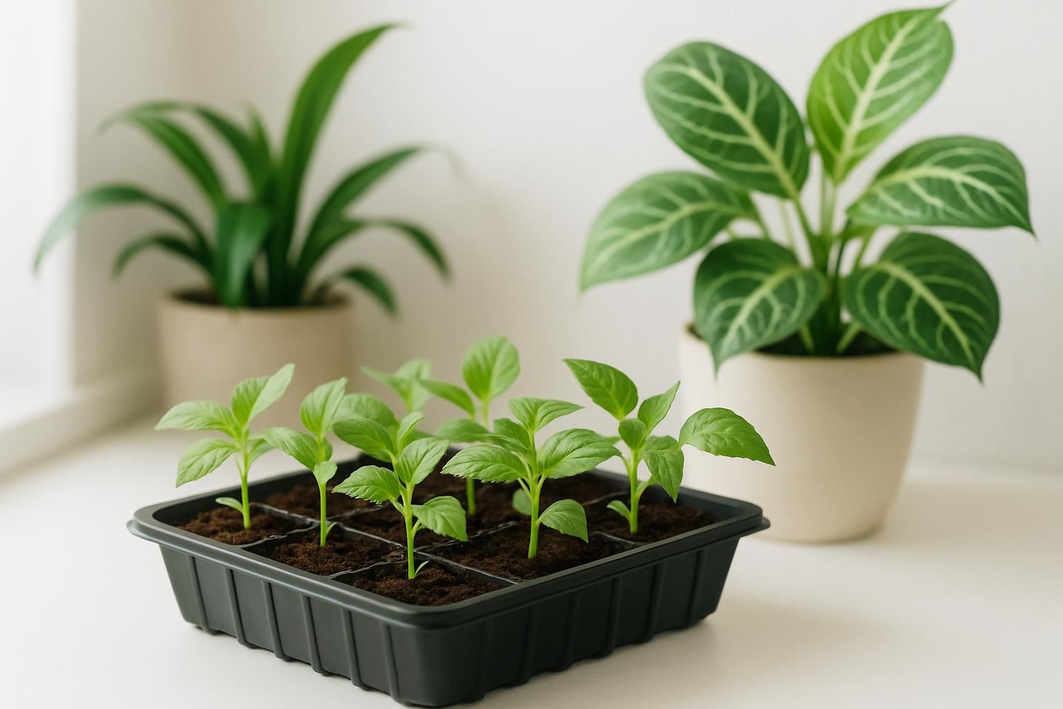 複数の若い苗が並んだプランターと観葉植物