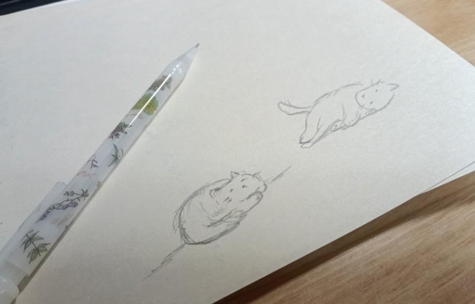 鉛筆で描いた2匹のネコの落書き。寝そべるネコと、丸くなったネコ。横に草花柄のペン